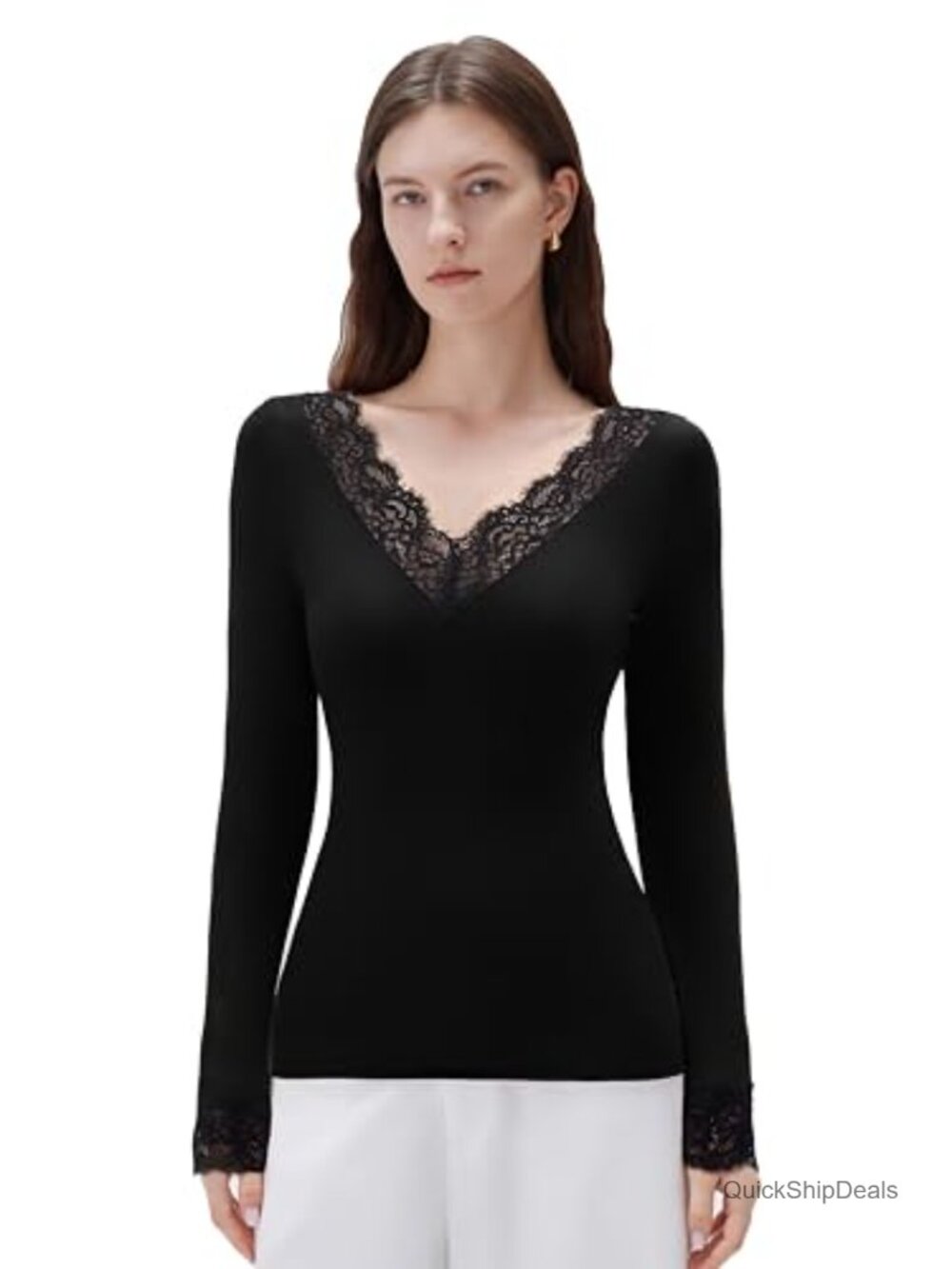 Cashmere Blend V Neck Boat Neck Lace Long Sleeve Tee